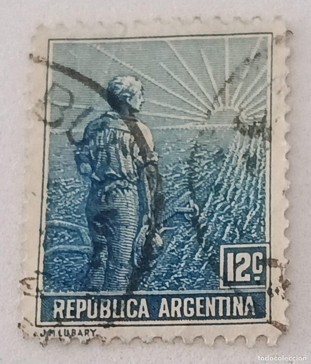 Sellos: Sellos Argentina 1911 Granjero y sol naciente. Firma en el margen inferior izquierdo J.M. LUBARY