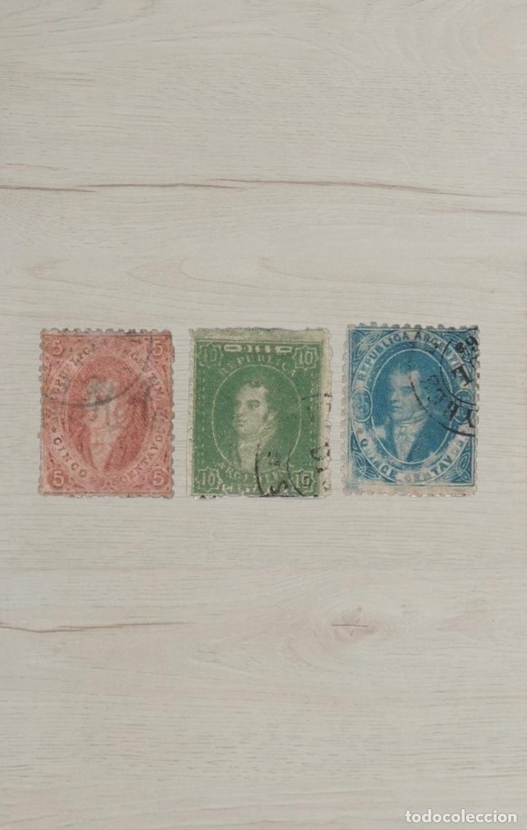 Sellos: Lote de 3 Sellos Cl&aacute;sicos de Argentina 1867/68 - Serie Pr&oacute;ceres Rivadavia, Belgrano y San Mart&iacute;n - U