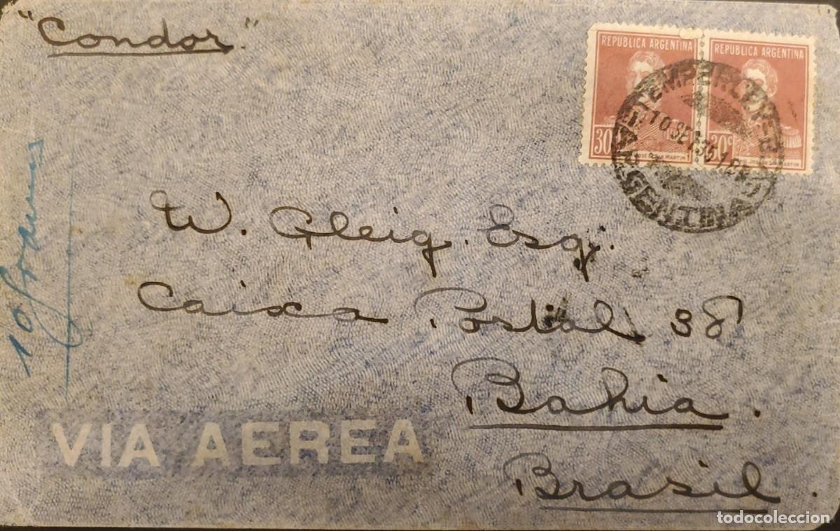 Sellos: TS) 1935 ARGENTINA VIA CONDOR, FROM TEMPERLEY TO BRAZIL, AIRMAIL, WITH GENERAL SAN MART&Iacute;N STAMPS, VF