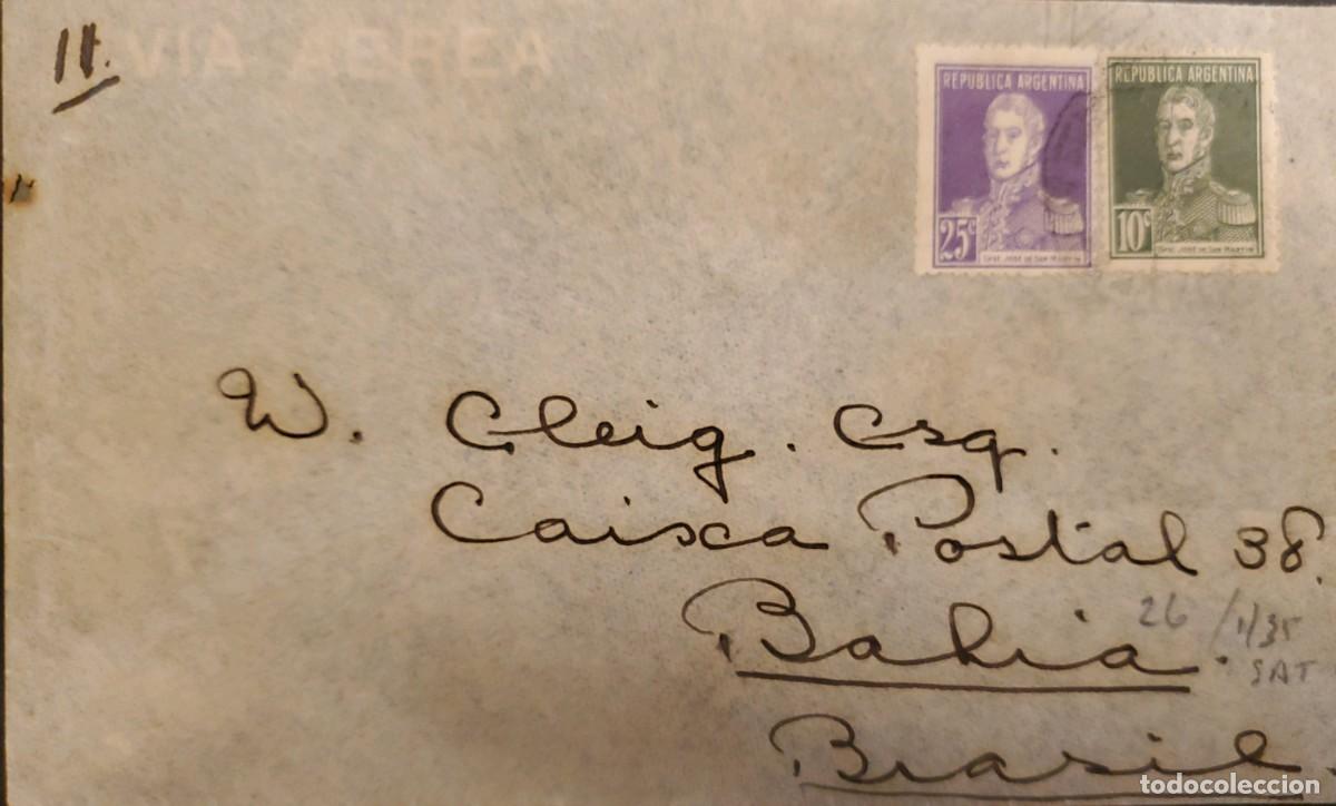 Sellos: TS) 1935 ARGENTINA, AIRMAIL, SENT TO BRAZIL, GENERAL SAN MART&Iacute;N STAMP, VF.