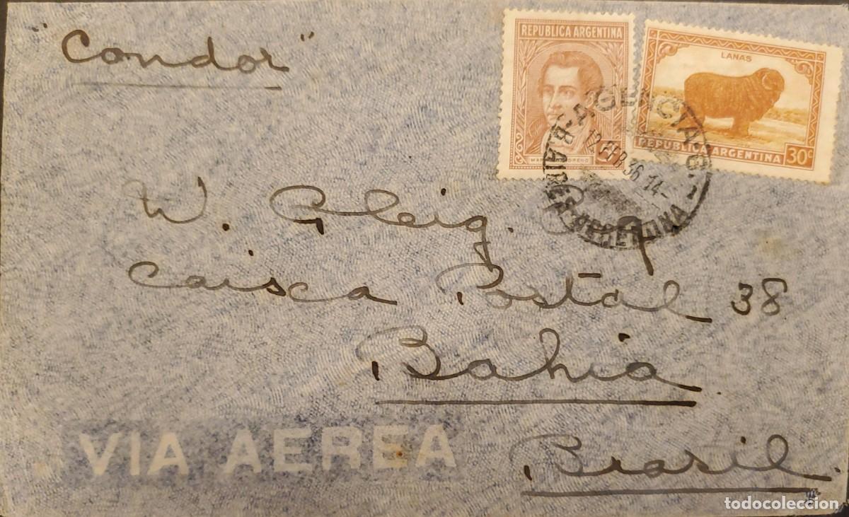 Sellos: TS) 1936 ARGENTINA, CONDOR AIR MAIL, COVER SENT FROM BUENOS AIRES TO BAHIA, BRAZIL, WITH MERINO SHEE