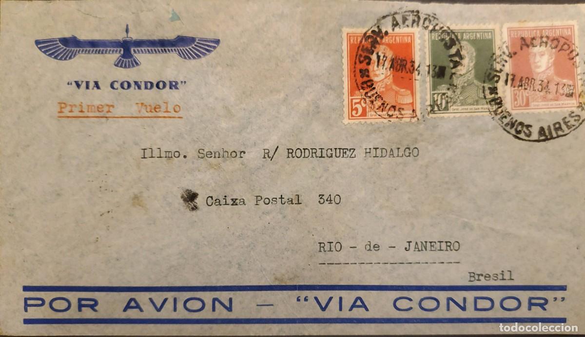 Sellos: TS) 1934 ARGENTINA, CONDOR FIRST FLIGHT, COVER SENT FROM BUENOS AIRES TO RIO DE JANEIRO,BRAZIL, WITH