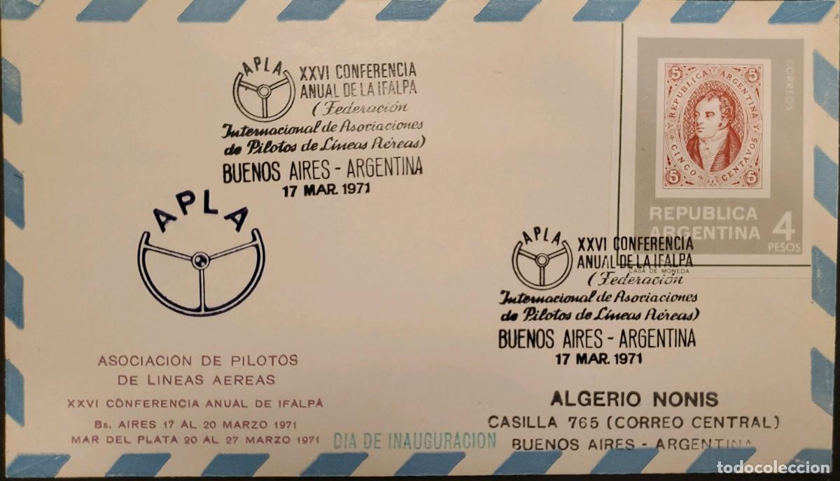 Sellos: TS) 1971 ARGENTINA, CIRCULATED IN BUENOS AIRES, AIRLINE PILOTS ASSOCIATION, AIRMAIL, WITH BERNARDINO