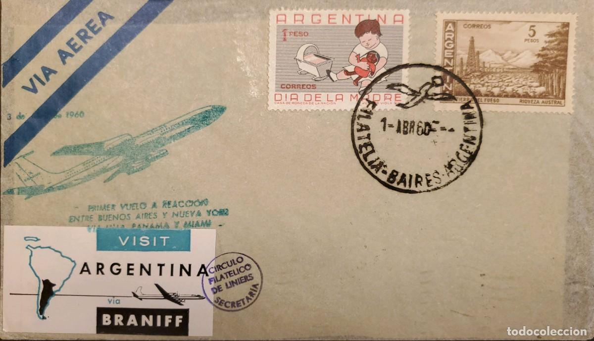 Sellos: TS) 1960 ARGENTINA, FIRST JET FLIGHT BETWEEN BUENOS AIRES AND NEW YORK, VIA BRANIFF, WITH TIERRA DEL
