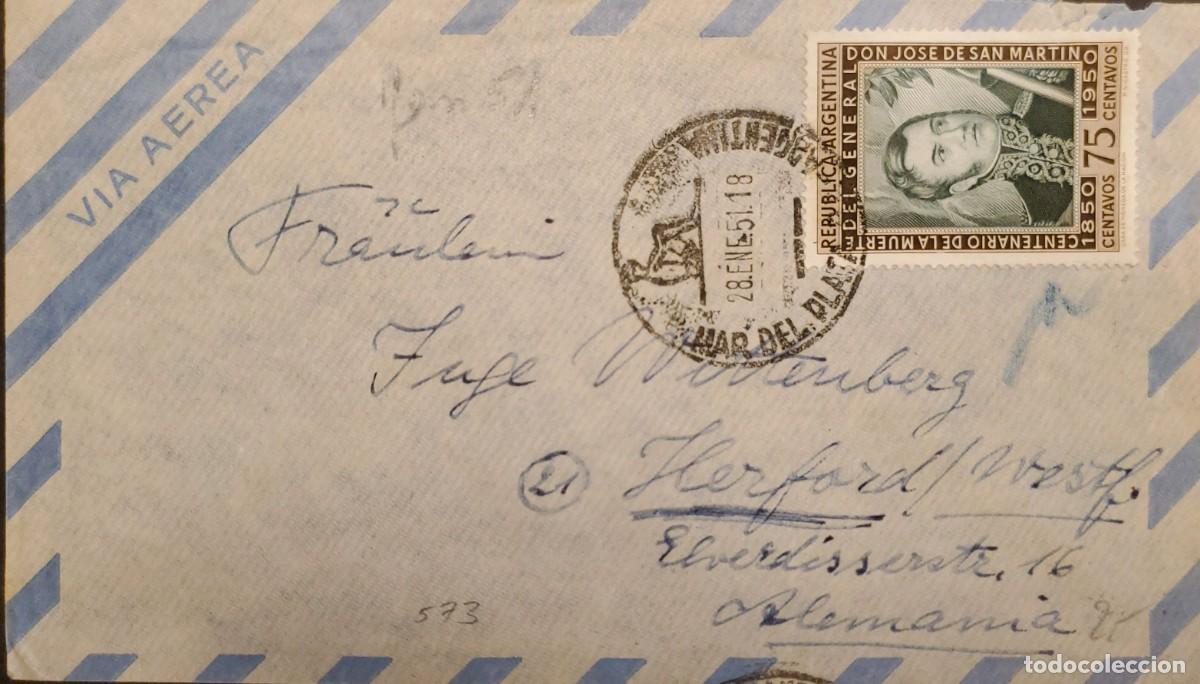 Sellos: TS) 1951 ARGENTINA, COVER SENT FROM MAR DEL PLATA TO ELVERDISSERSTR, GERMANY, AIRMAIL, CENTENARY OF