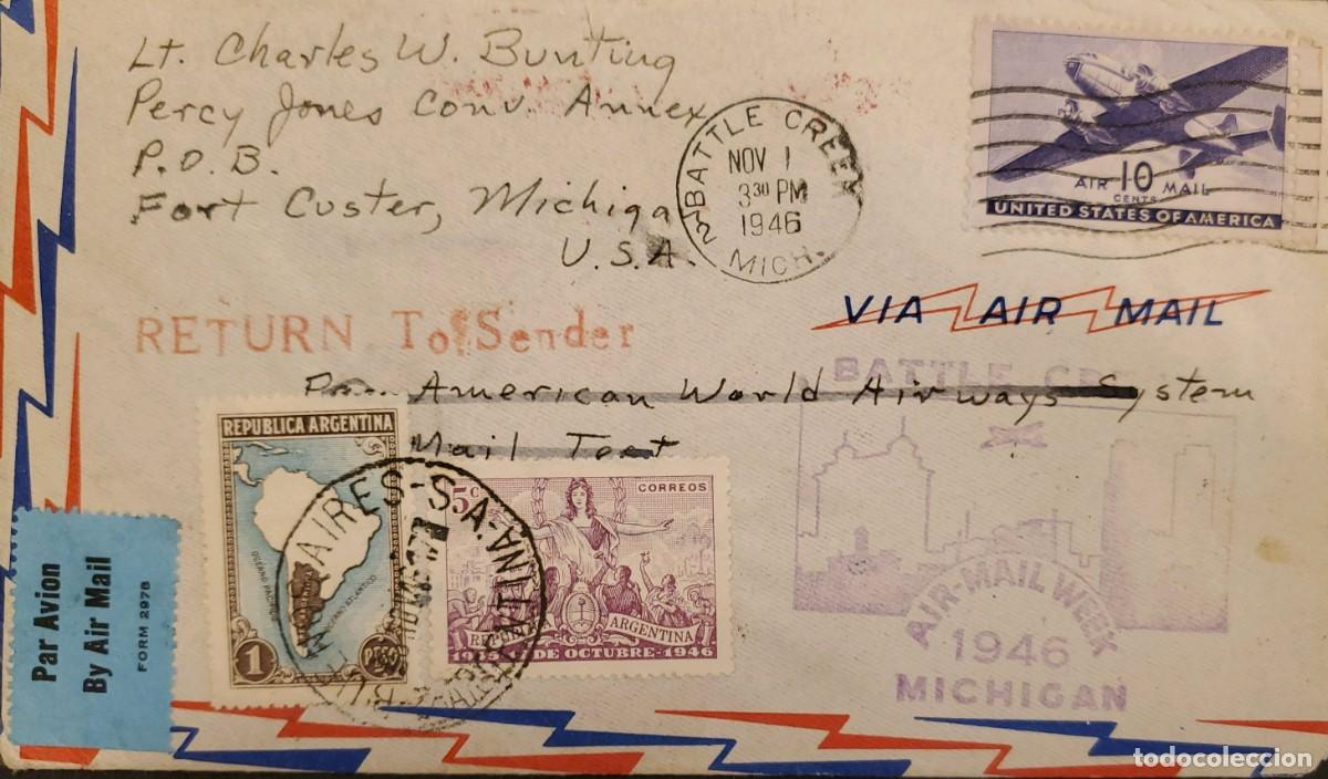 Sellos: TS) 1946 ARGENTINA, CANCELLATION STAMP, COVER SENT FROM BUENOS AIRES TO MICHIGAN, USA, AIRMAIL, ANNI