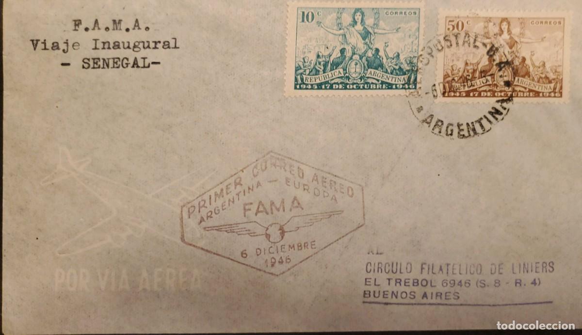 Sellos: TS) 1946 ARGENTINA, F.A.M.A. INAUGURAL FLIGHT TO SENEGAL; COVER SENT FROM BUENOS AIRES TO SENEGAL, A