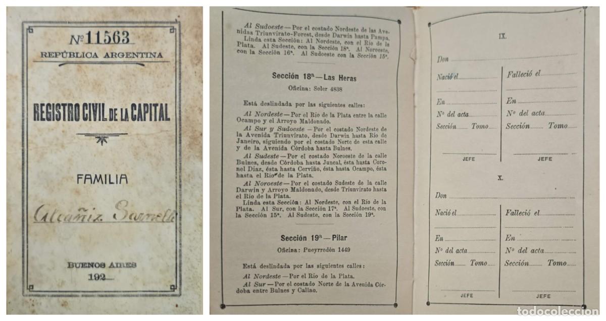 Sellos: O) 1920 circa, ARGENTINA, CIVIL REGISTRY DOCUMENT OF THE CAPITAL OF THE ALCANIZ SARNELLI FAMILY, FRO