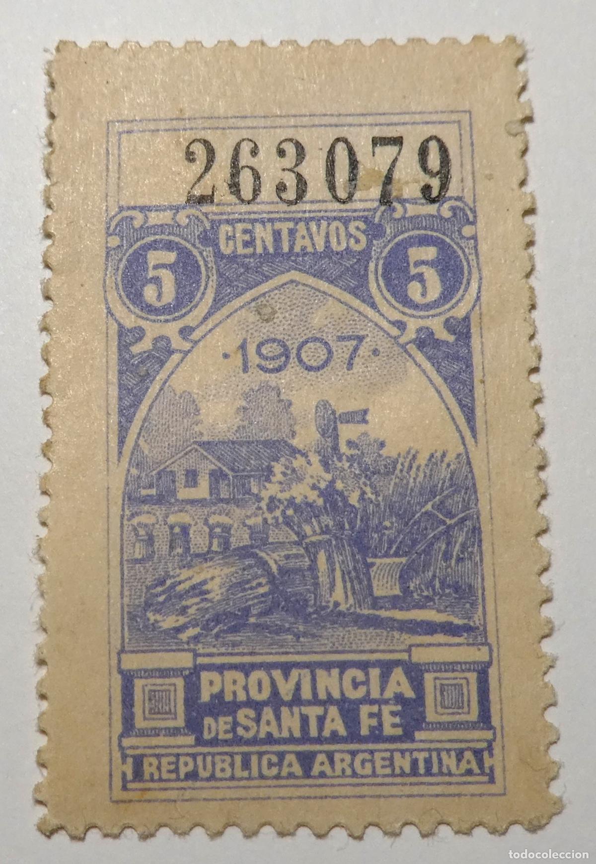 Selos: Sello fiscal de Provincia de Santa Fe, Argentina 5 centavos 1907