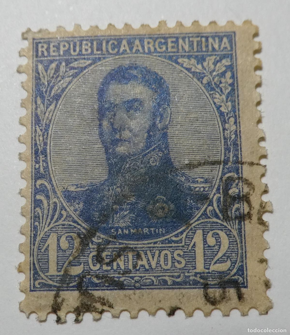 Selos: Sello postal de Rep&uacute;blica Argentina de 12 centavos 1908, General Jos&eacute; de San Mart&iacute;n.