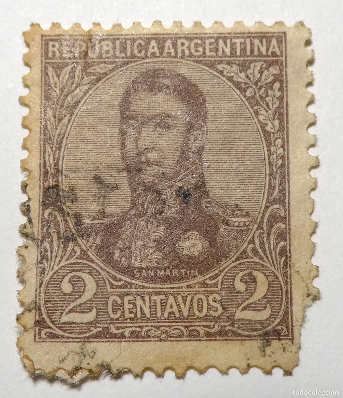 Sellos: Sello postal de Rep&uacute;blica Argentina de 2 centavos 1908, General Jos&eacute; de San Mart&iacute;n.