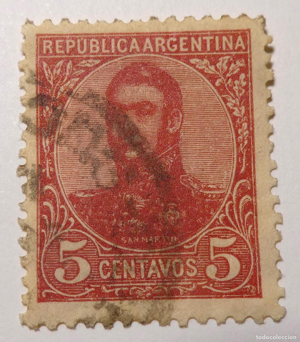 Sellos: Sello postal de Rep&uacute;blica Argentina de 5 centavos 1908, General Jos&eacute; de San Mart&iacute;n.
