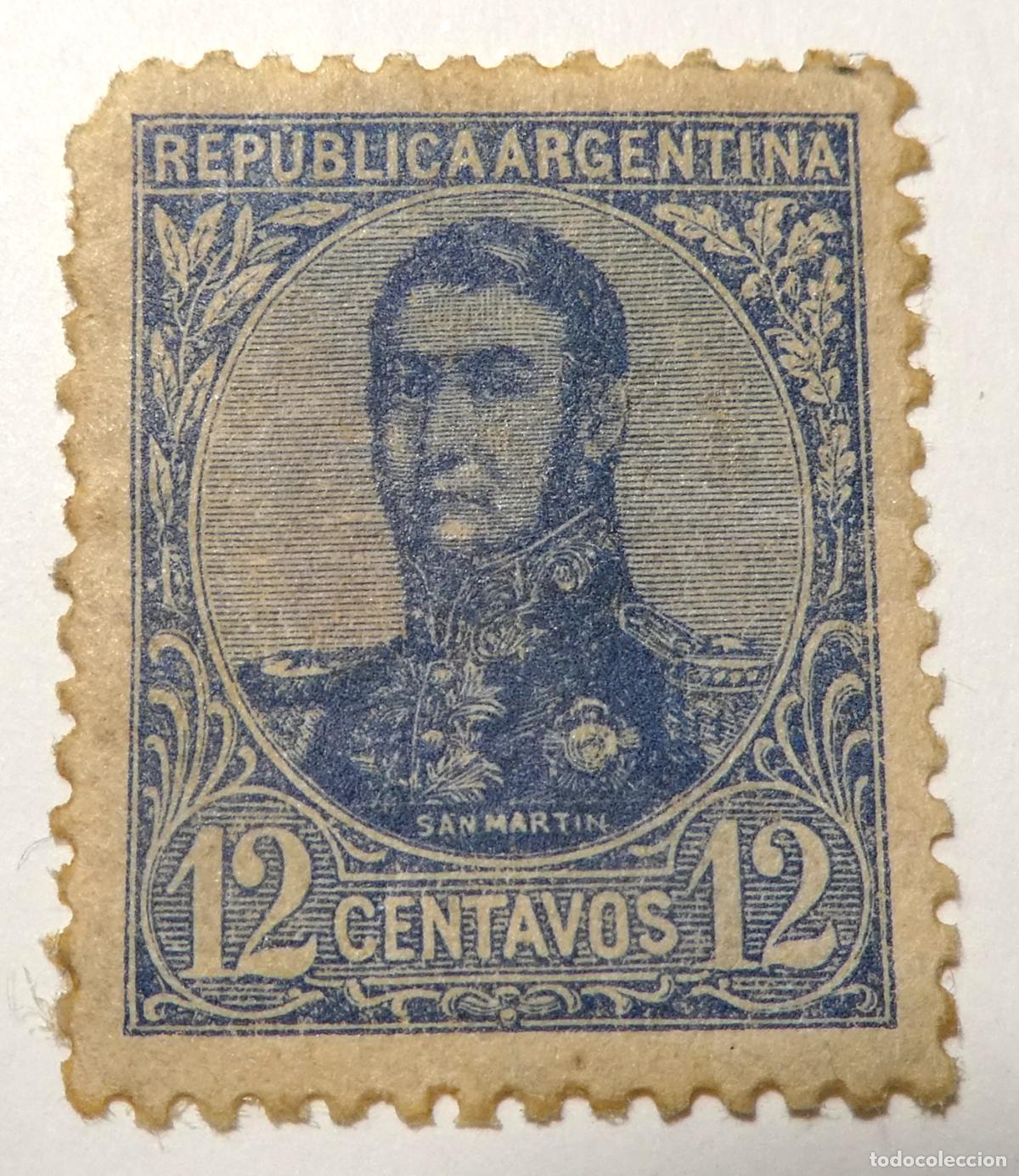 Sellos: Sello postal de Rep&uacute;blica Argentina de 12 centavos 1908, General Jos&eacute; de San Mart&iacute;n.