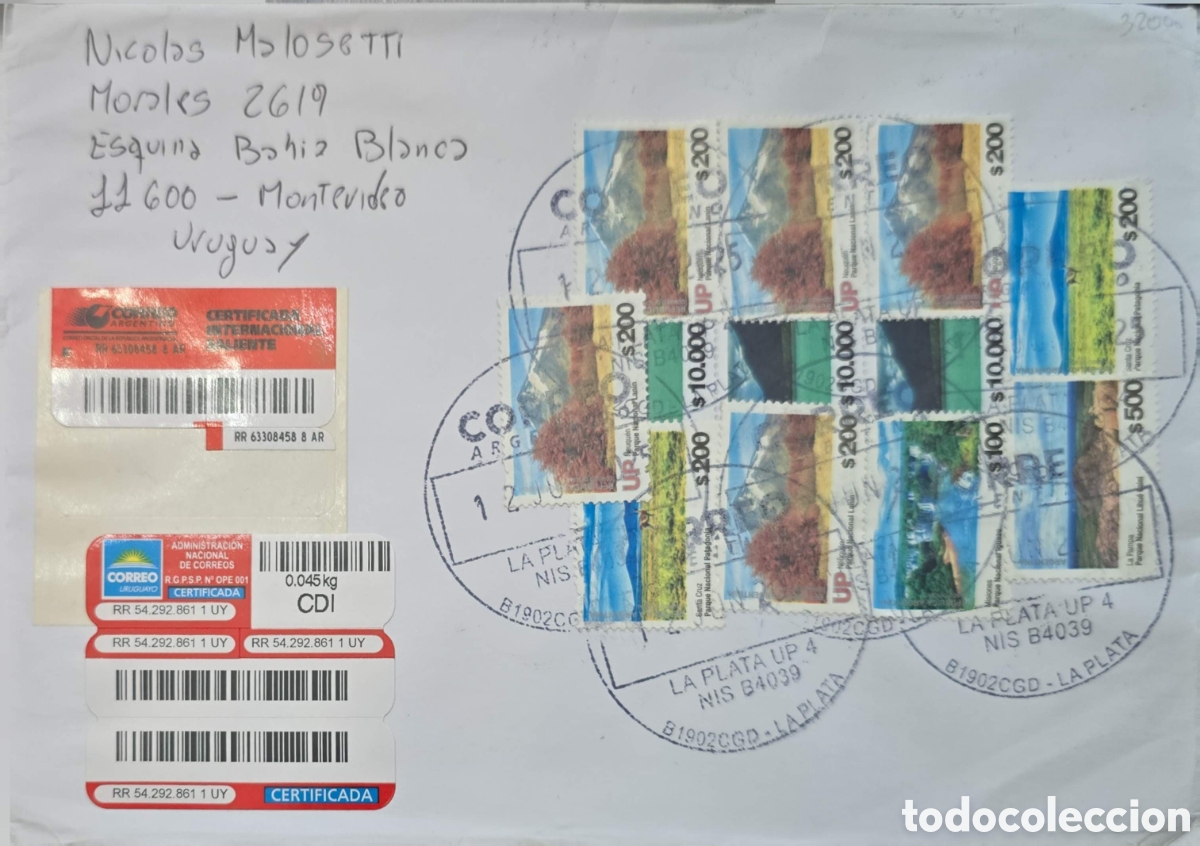 Sellos: CA)Argentina + 1980s + Certified International Mail + Envelope from La Plata with multiple Argentine