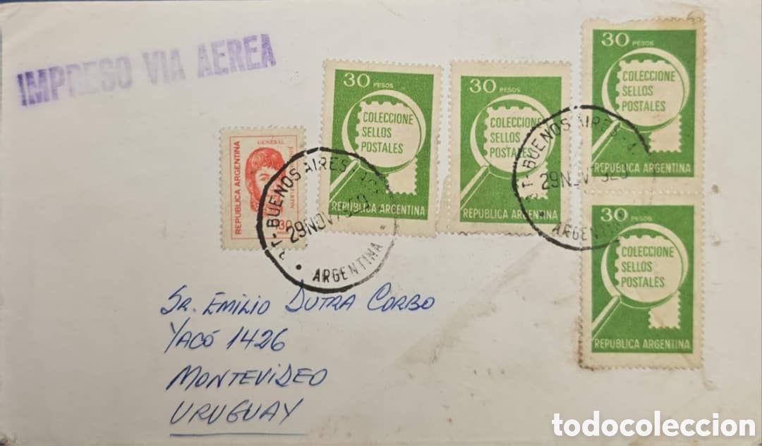 Sellos: Argentina + 1976 + Philatelic Collection + Airmail envelope with multiple stamps &ldquo;Colecci&oacute;n Sellos P