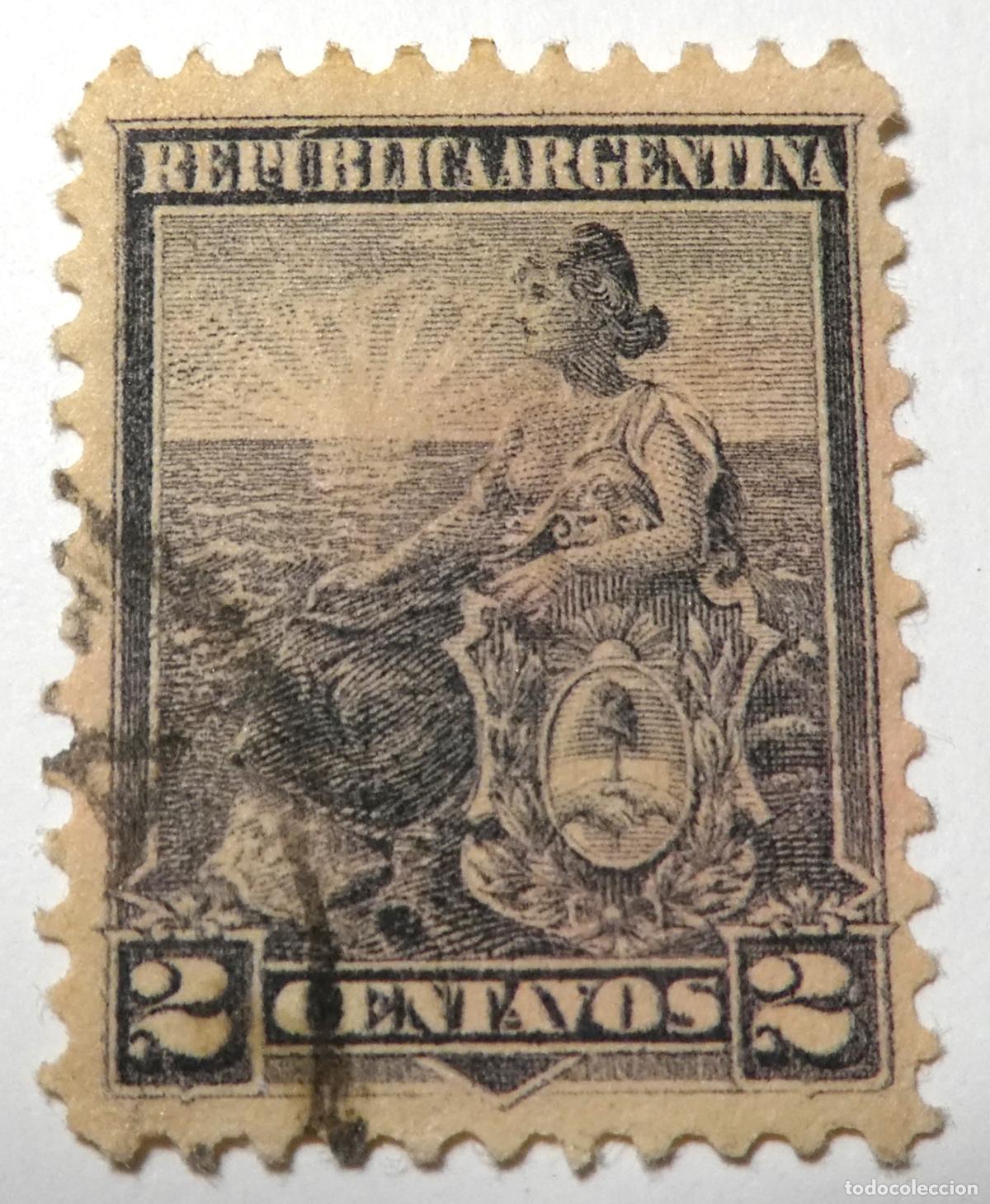 Sellos: Sello postal de Rep&uacute;blica Argentina de 2 centavos de la serie &laquo;Libertad sentada con el escudo&raquo; 1903