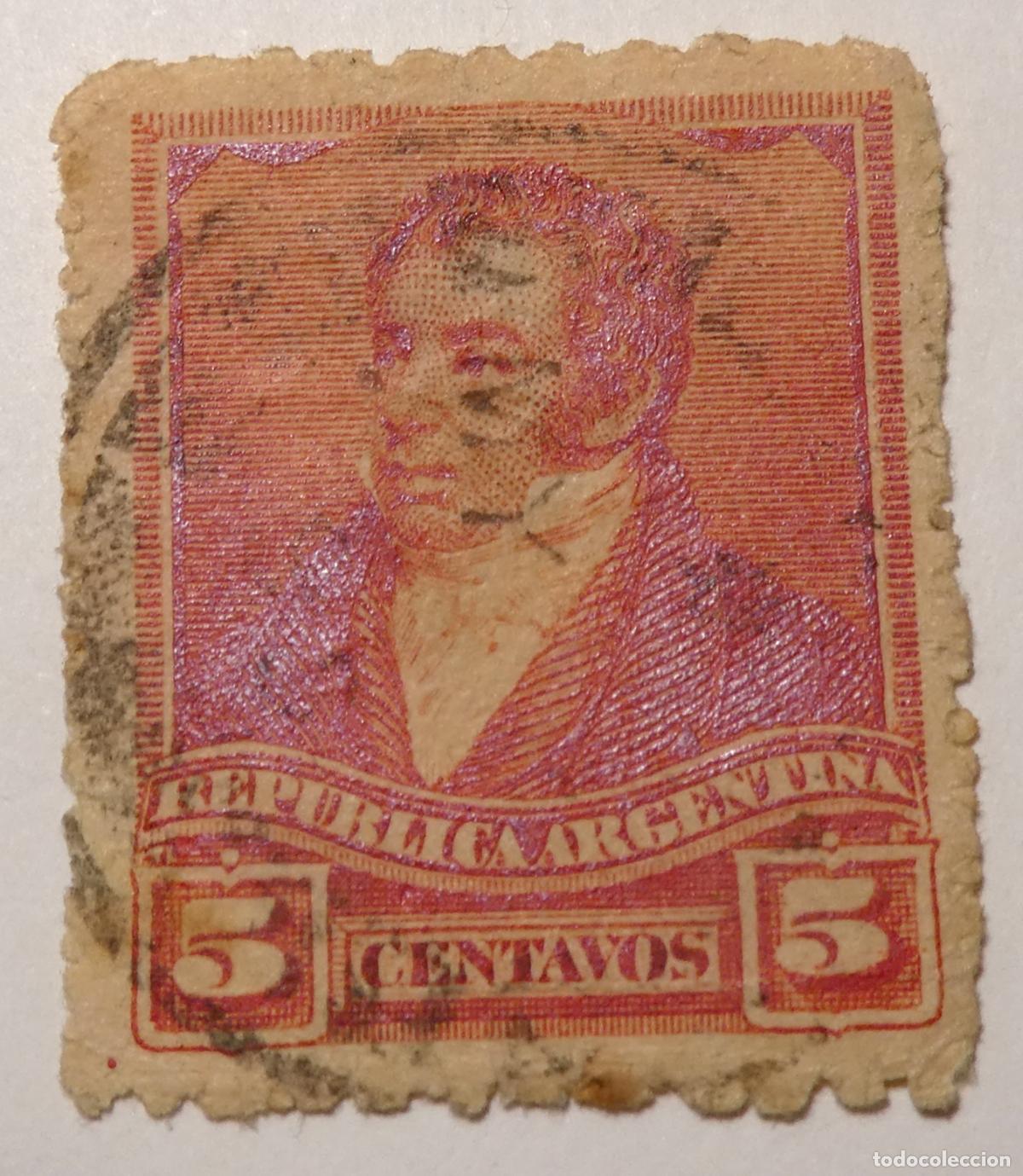Sellos: Sello postal de Rep&uacute;blica Argentina de 5 centavos 1892 , estadista Bernardino Rivadavia