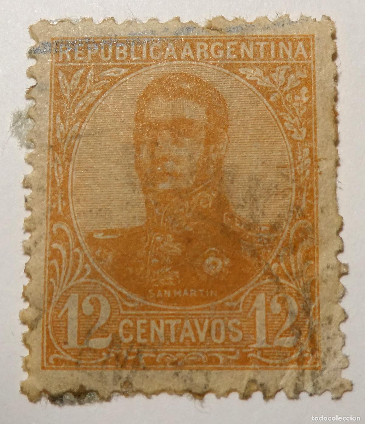 Sellos: Sello postal de Rep&uacute;blica Argentina de 12 centavos 1908, General Jos&eacute; de San Mart&iacute;n