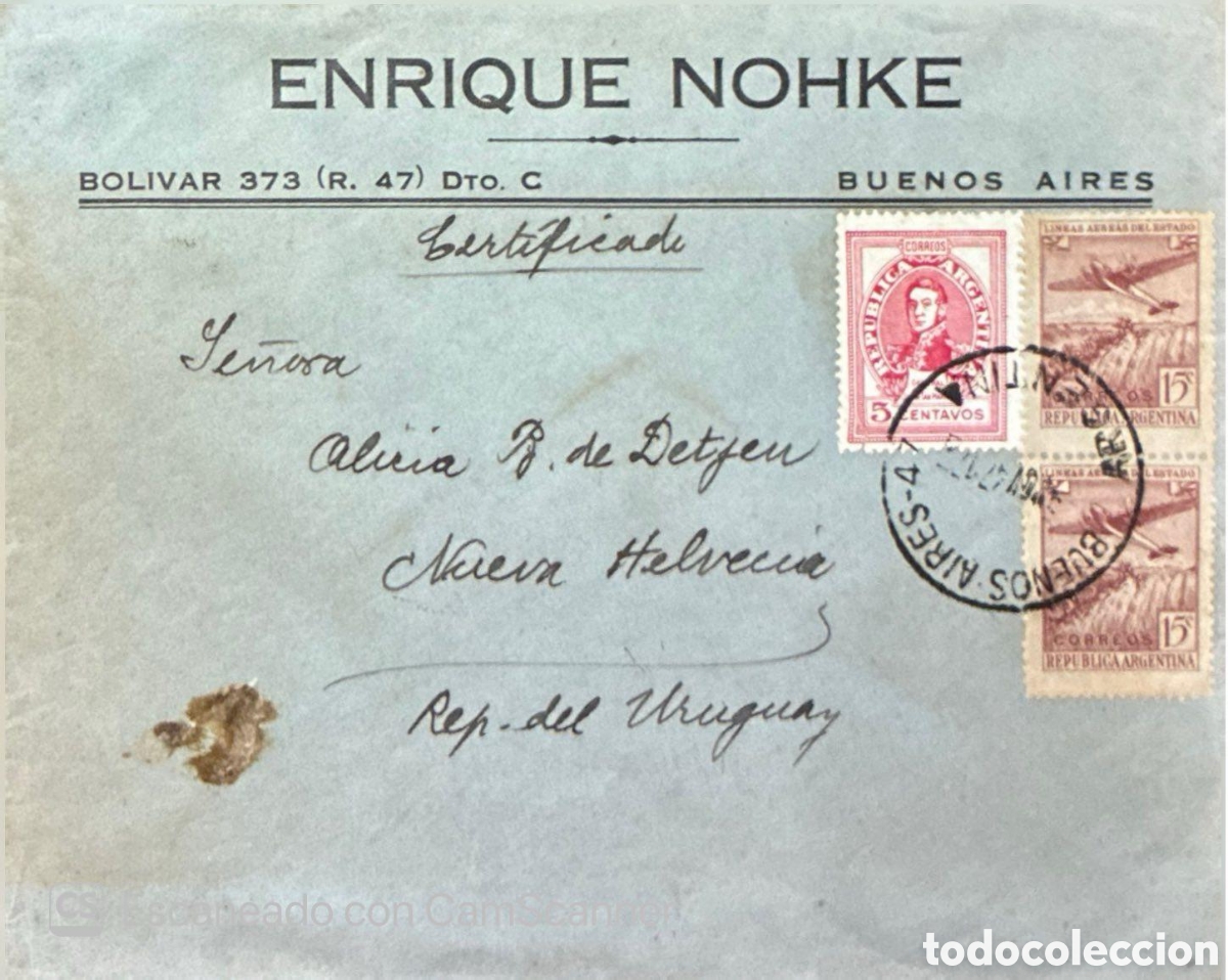 Sellos: CA) ARGENTINA 1947.Fiscal/Revenue stamp (certificate/document use), postal history, and corresponden