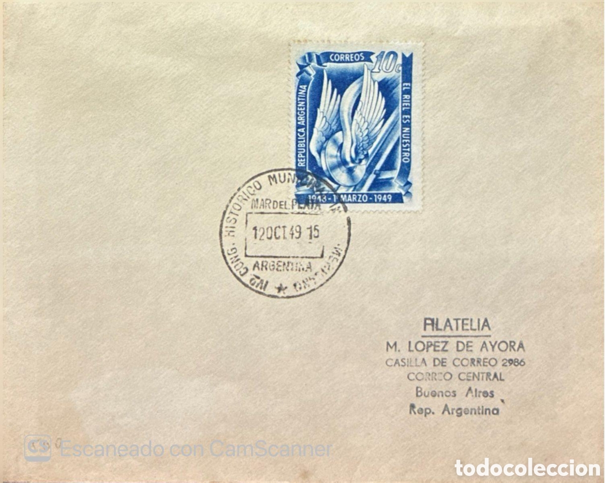 Sellos: CA)Argentina.1949 (postmark shows &rdquo;120CT49&rdquo; = October 12, 1949; also mentions the period &rdquo;1943 &ndash; 1 M