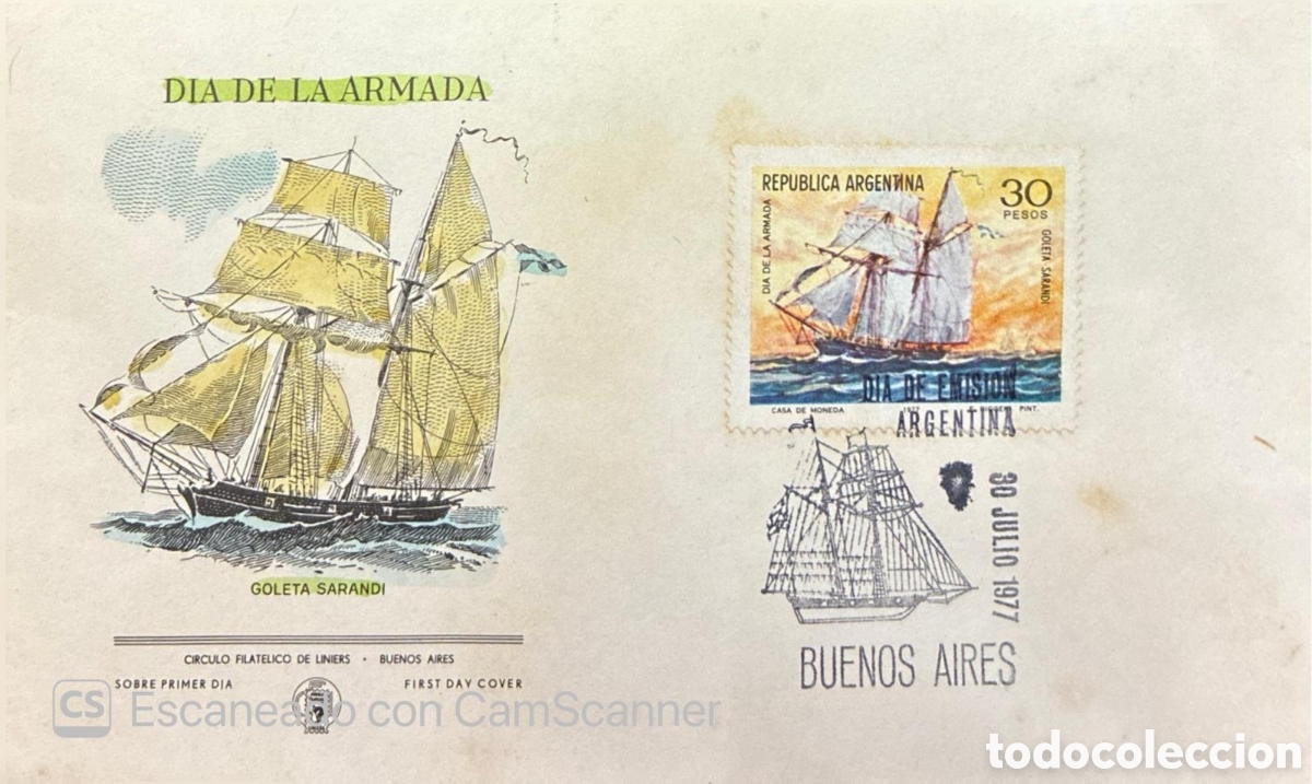 Sellos: CA) ARGENTINA 1977.An Argentine First Day Cover (FDC) issued to commemorate &rdquo;DIA DE LA ARMADA&rdquo; (Navy