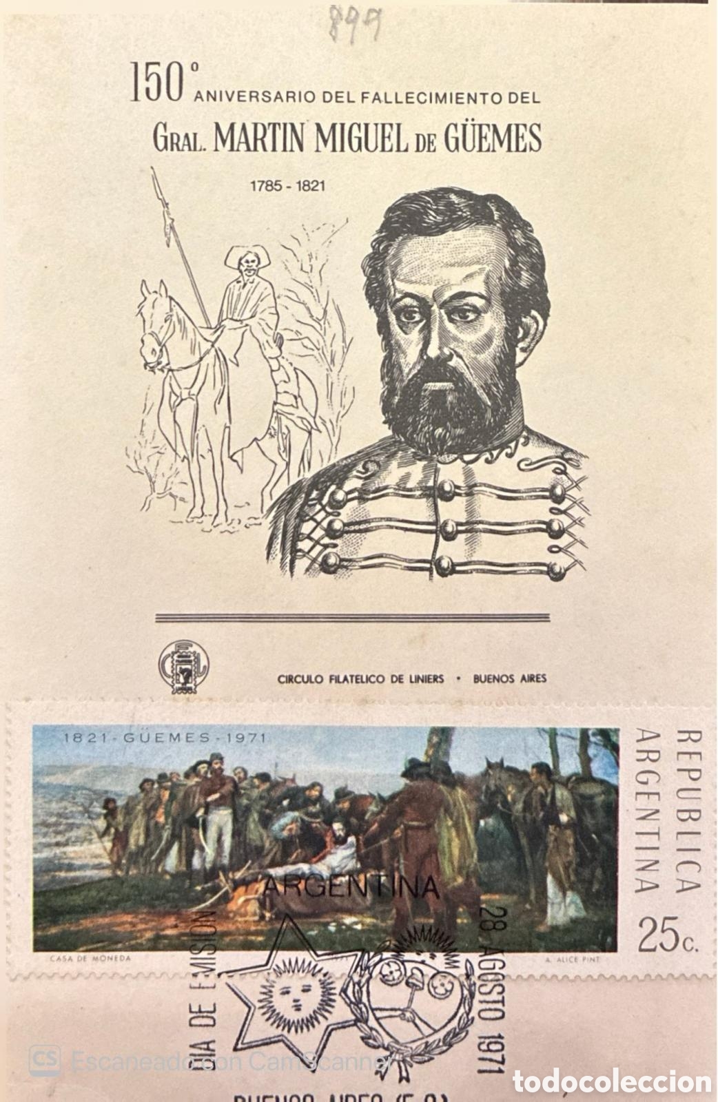 Sellos: CA)Argentina 1971. 150th anniversary of the death of General Mart&iacute;n Miguel de G&uuml;emes (1785&ndash;1821) / p