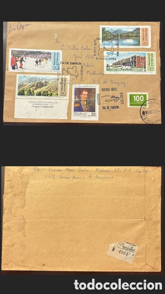 Sellos: CA)Argentina, 1977, First Day Cover National Themes. Registered envelope franked with multiple Argen