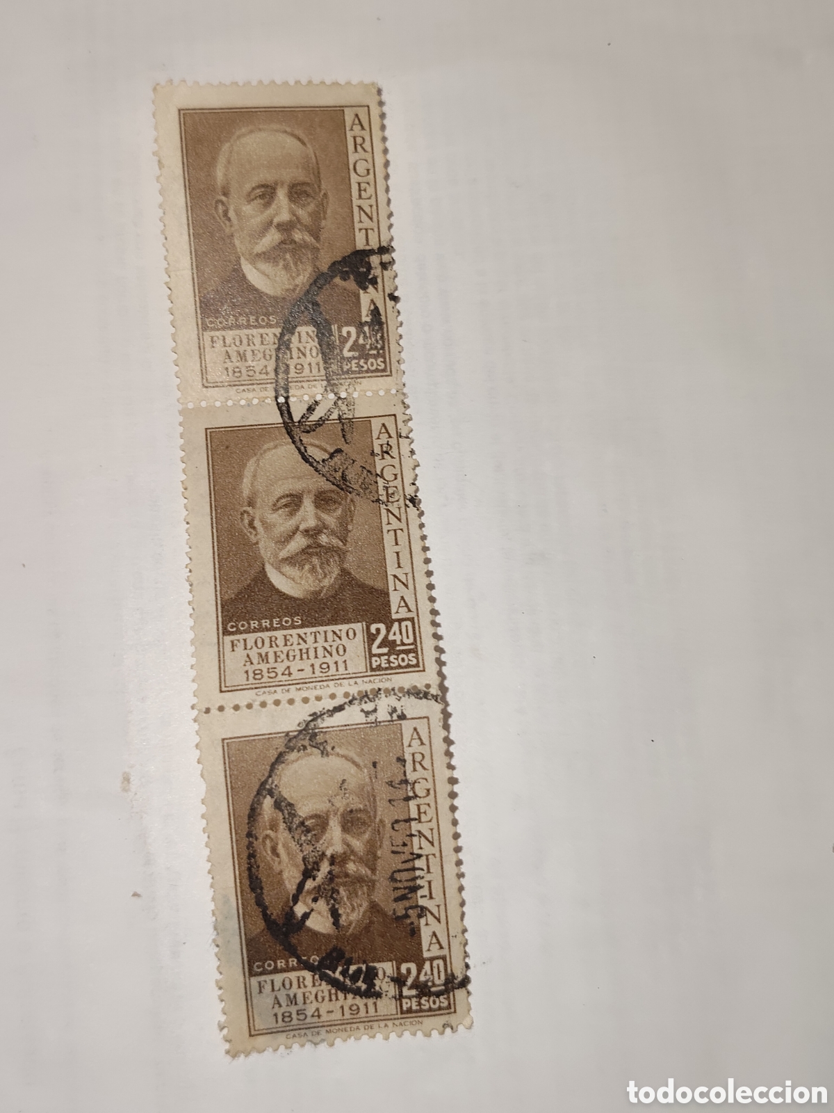 Sellos: Bloque de 3 sellos de Argentina Florentino Ameghino naturalista,paleont&oacute;logo y antropologo 1956