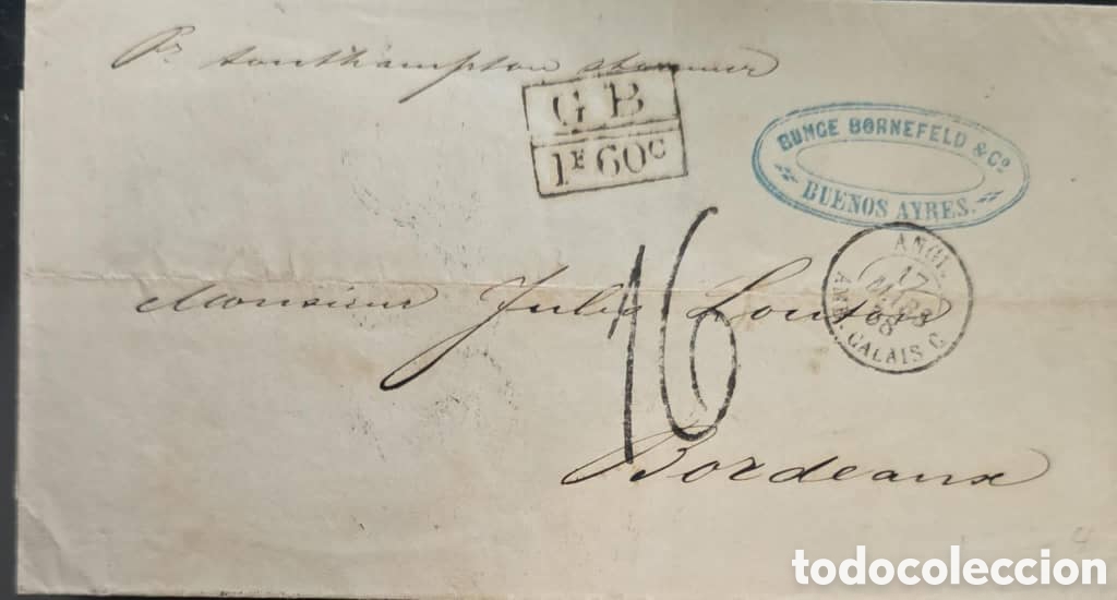 Sellos: Cy) 1858 &mdash; Argentina &mdash; Folded letter routed &ldquo;P. Southampton steamer&rdquo; from Buenos Aires to Bordeaux
