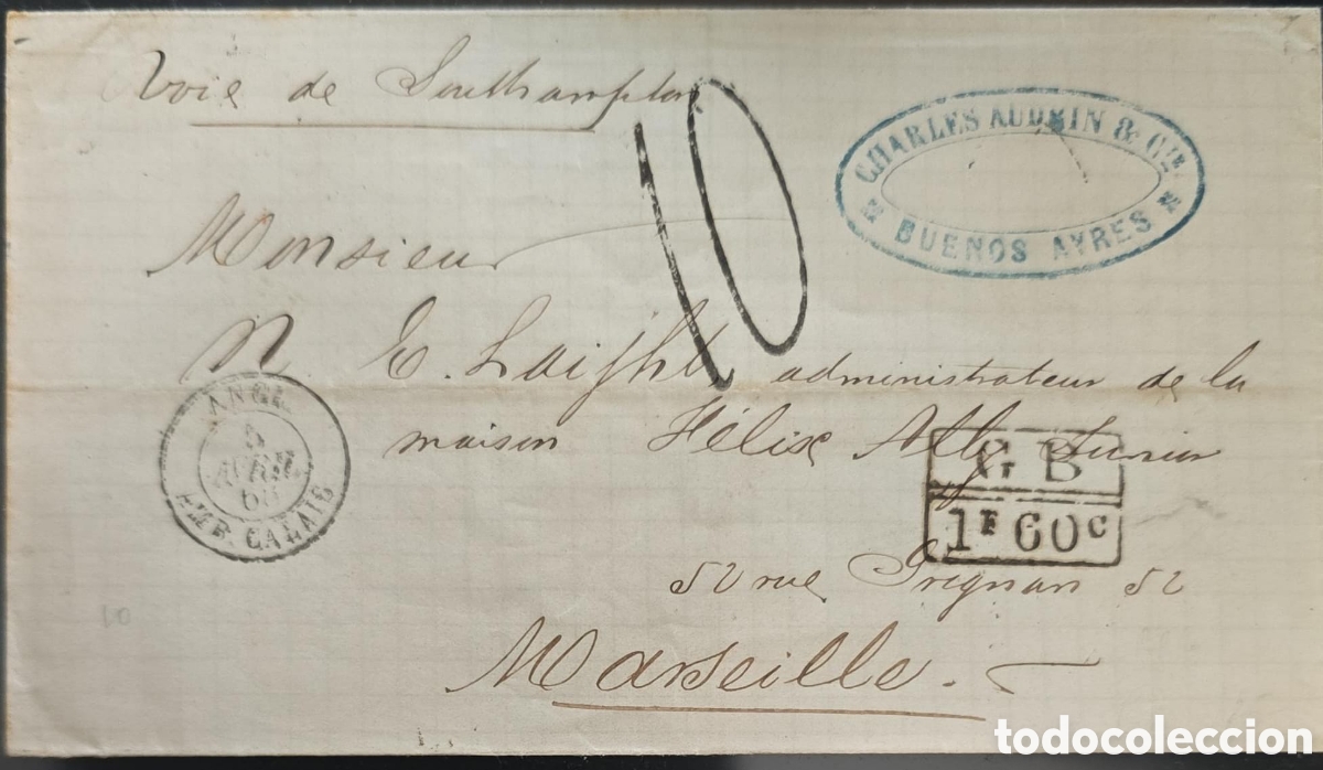 Sellos: Cy) 1870s &mdash; Argentina &mdash; Folded letter routed &ldquo;Voie de Southampton&rdquo; from Buenos Aires to Marseille