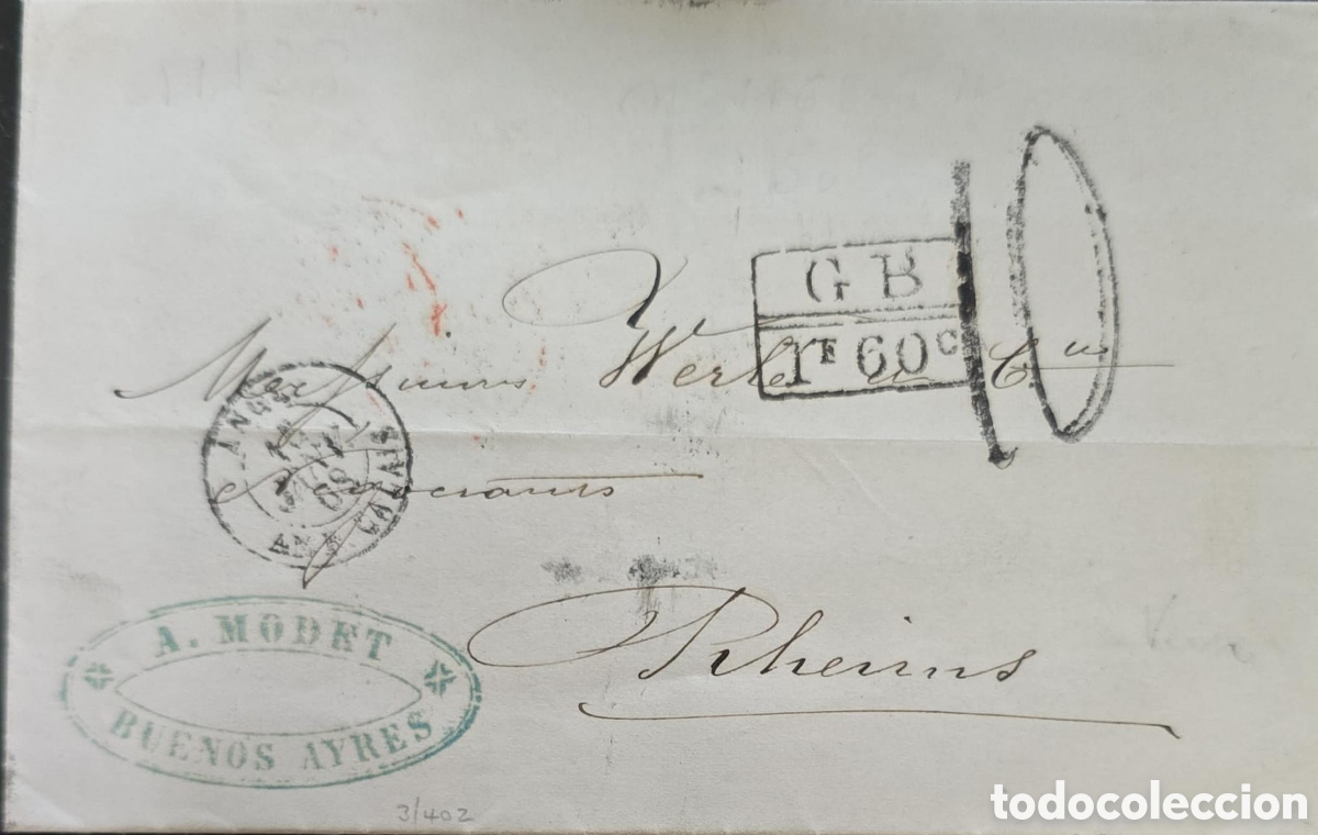 Sellos: Cy) 1860s &mdash; Argentina &mdash; Folded letter with ornate cursive handwriting addressed