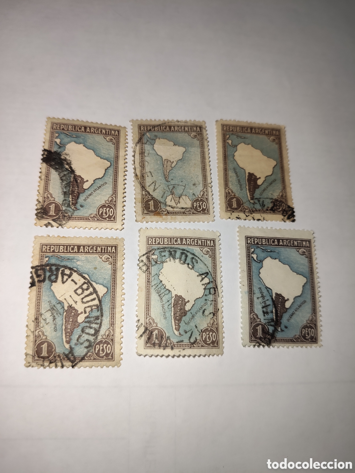 Sellos: 6 sellos de Argentina mapa de Sudam&eacute;rica 1937 usado