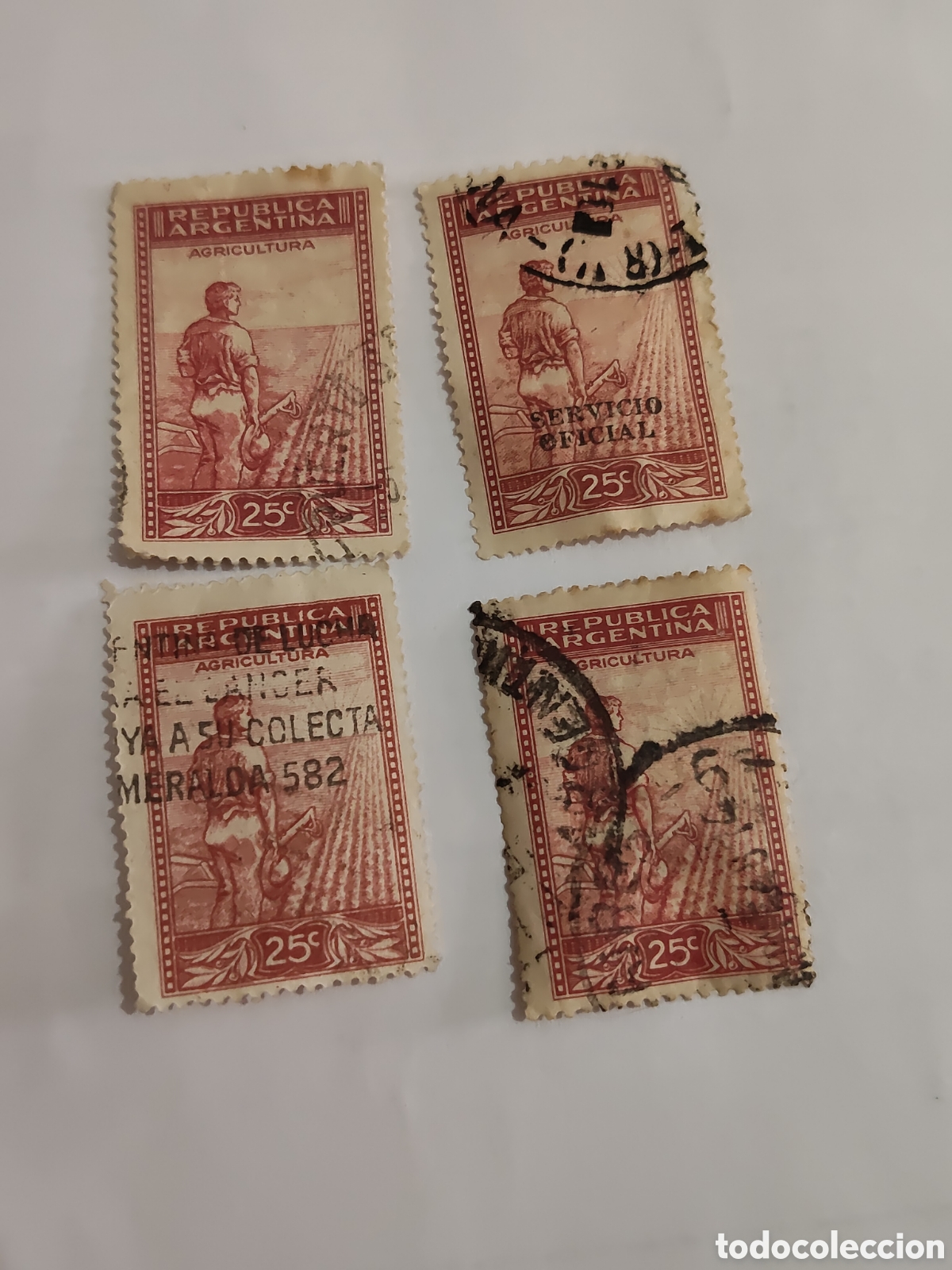 Sellos: 4 sellos de Argentina Agricultura labrador al amanecer 1935 usados