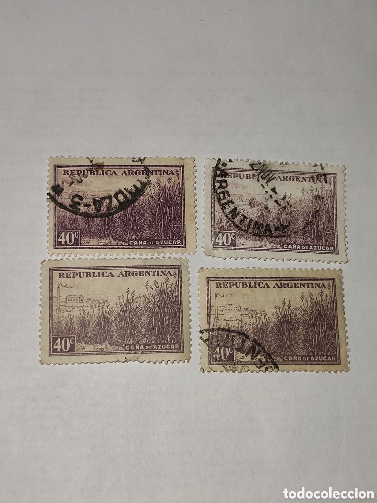 Sellos: 4 sellos de Argentina riquezas nacionales Ca&ntilde;a de Az&uacute;car 1935-57 usados