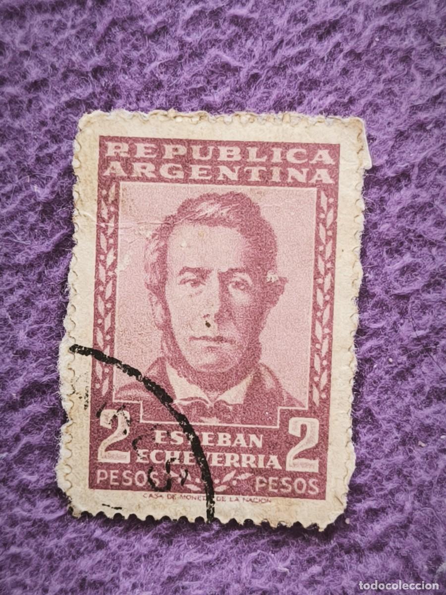 Sellos: Sello Antiguo Argentina 2 Pesos &ndash; Esteban Echeverr&iacute;a Retrato Pr&oacute;cer Para Coleccionistas