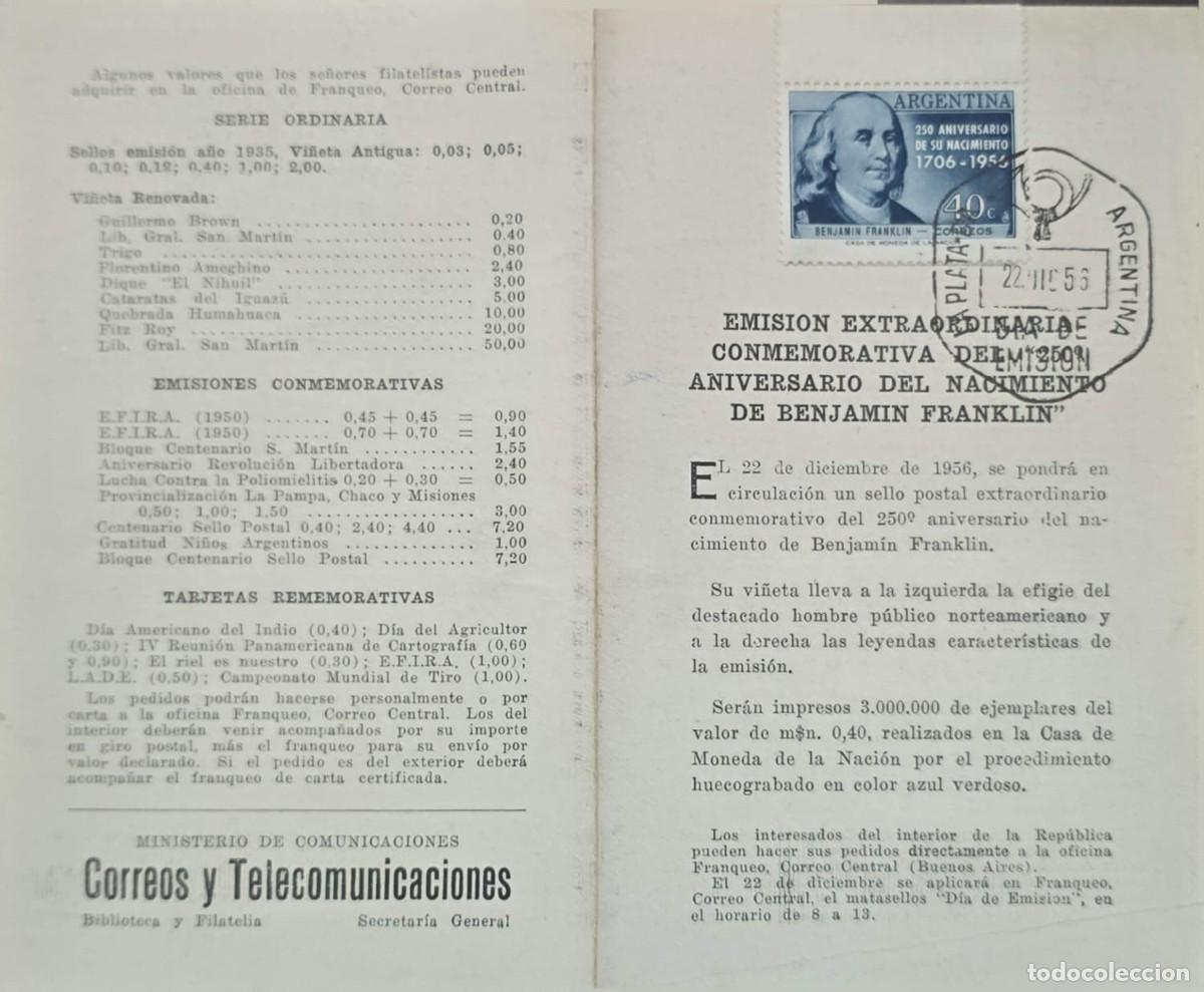 Sellos: MI) 1956, ARGENTINA, BROCHURE, 250TH ANNIVERSARY OF THE BIRTH OF BENJAMIN FRANKLIN, VF.