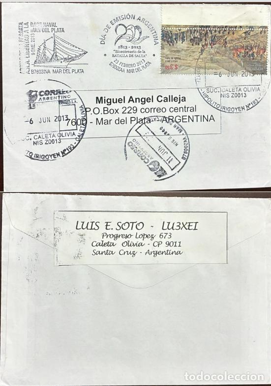 Sellos: TS) 2013 ARGENTINA, COVER SENT FROM CALETA OLIVIA TO MAR DEL PLATA,BICENTENNIAL OF THE BATTLE OF SAL