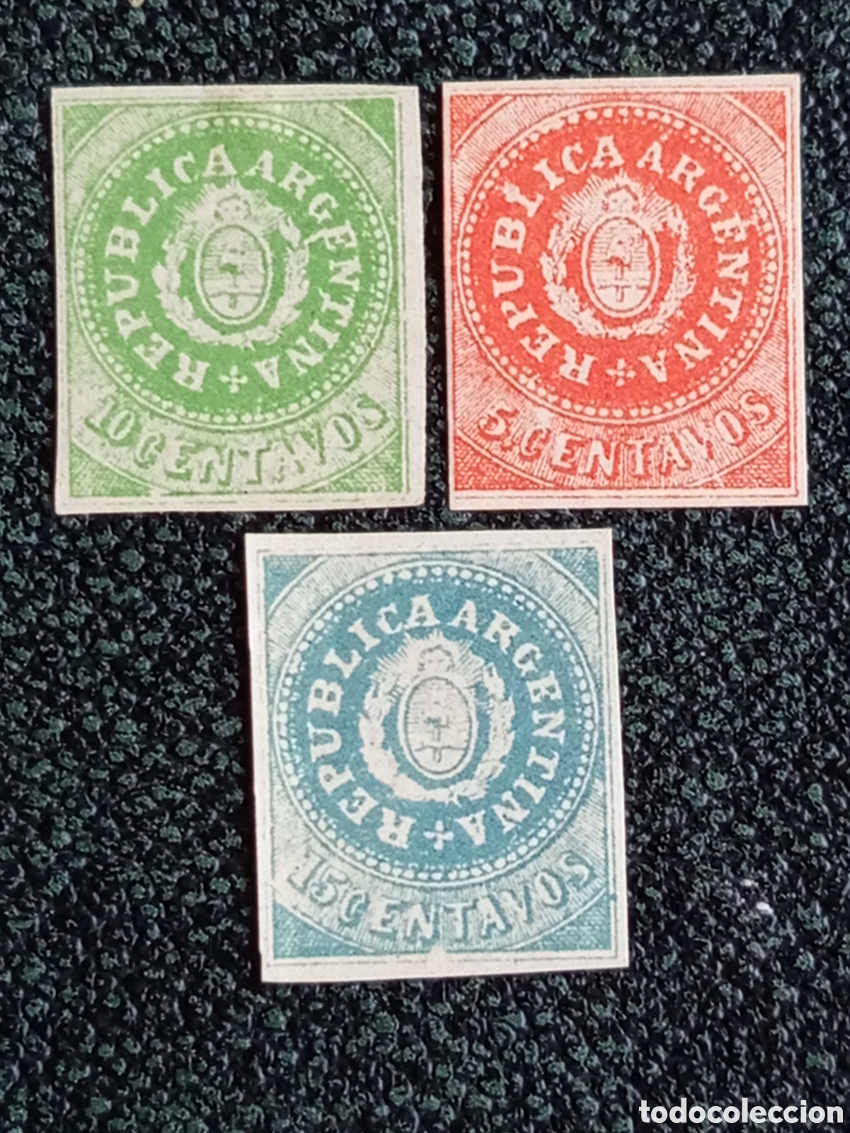 Sellos: Argentina 1862 - Serie Escuditos Completa, 5c, 10c y 15c Nuevos (Scott #5-7) MH - MNH