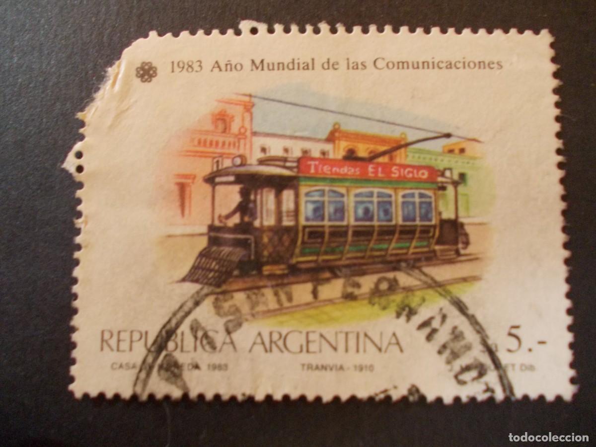 Francobolli: Sello argentino Tranv&iacute;a 1910 A&ntilde;o Mundial de las Comunicaciones 1983 5 pesos Casa de Moneda