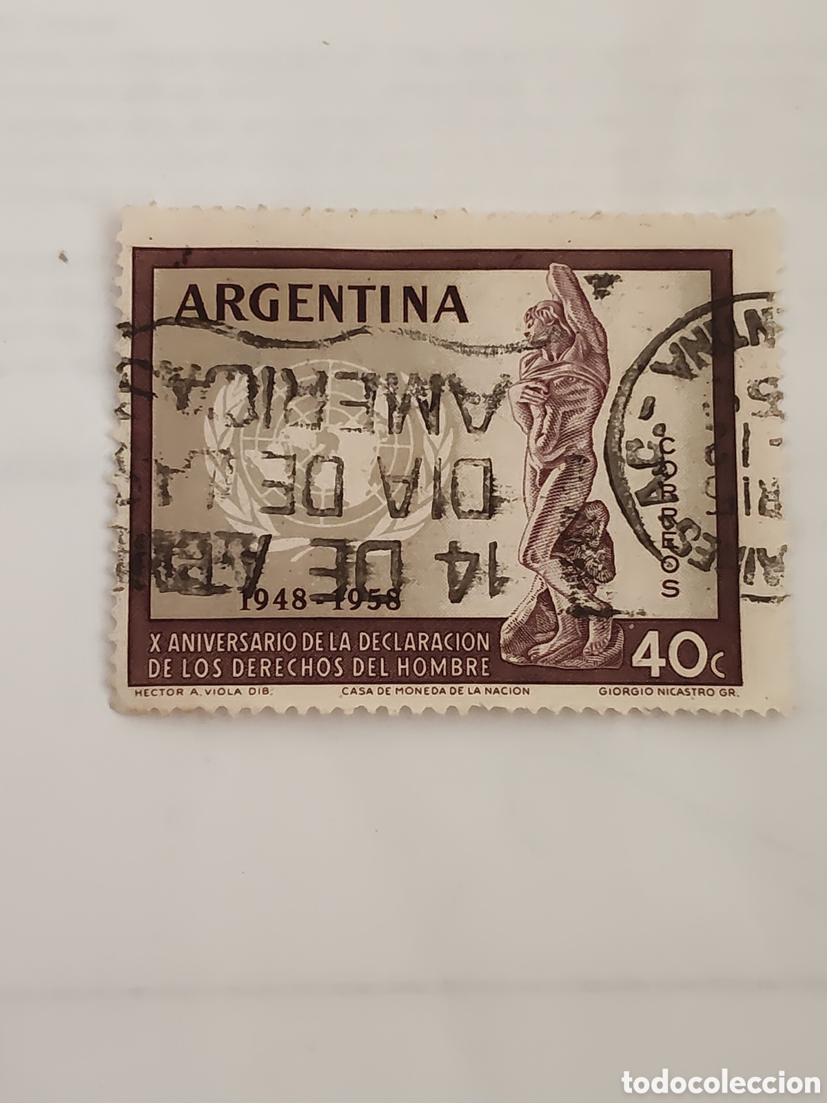 Sellos: Sello de Argentina X Aniversario de la declaraci&oacute;n universal de los derechos del hombre 1948-58