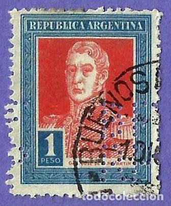 Sellos: Argentina. 1916. Scott # 227. General Jose de San Martin. Cancelado Perforado
