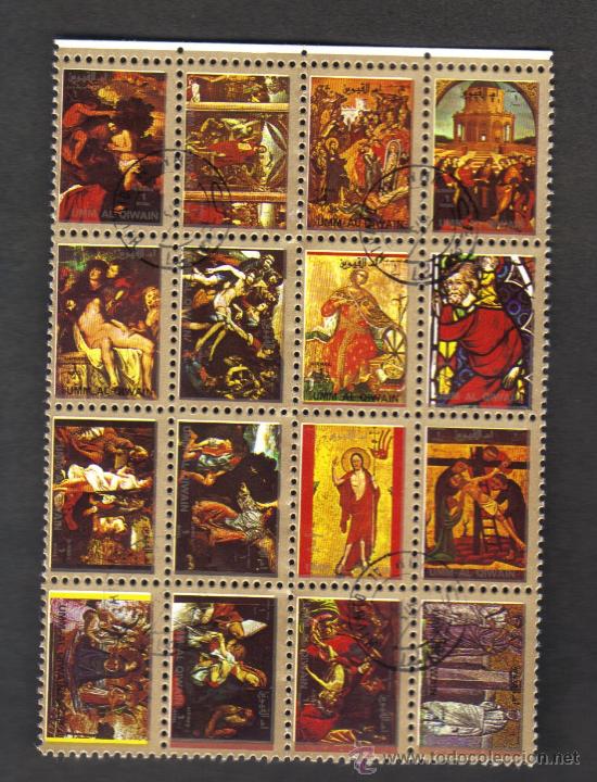 Selos: hoja bloque 16 sellos - umm al qiwain - con matasellos de favor.