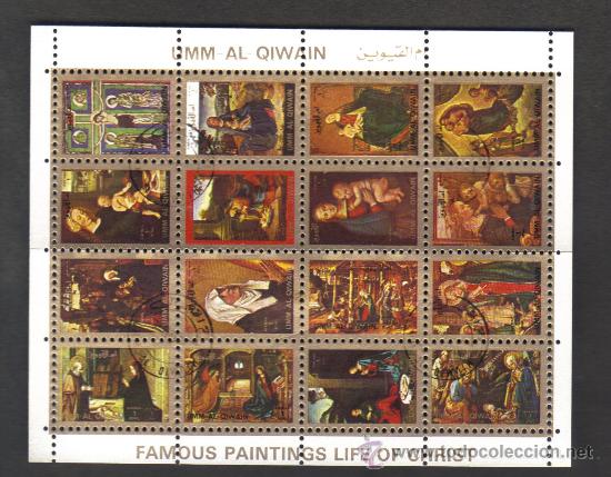 Selos: hoja bloque 16 sellos - umm al qiwain - famous paintings life of christ - con matasellos de favor.