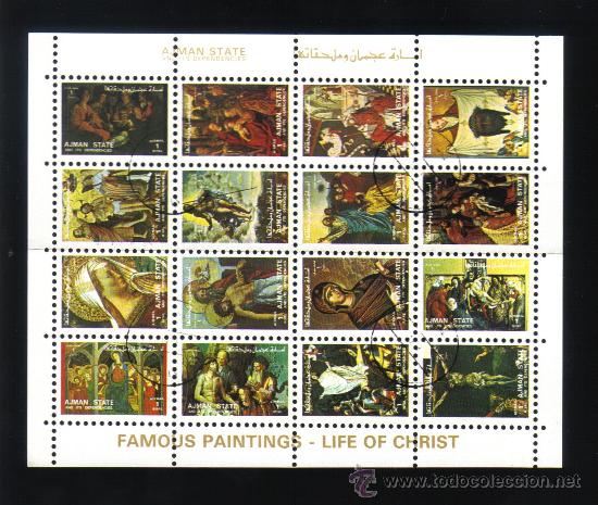 Selos: hoja bloque 16 sellos - ajman state - famous paintings - life of christ - con matasellos de favor.