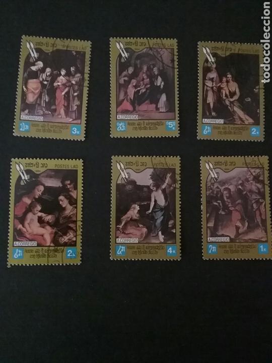 Timbres: Sellos de Laos (Lao) matasellados. 1984. Arte. Pintura. Corregio. Aniversario.