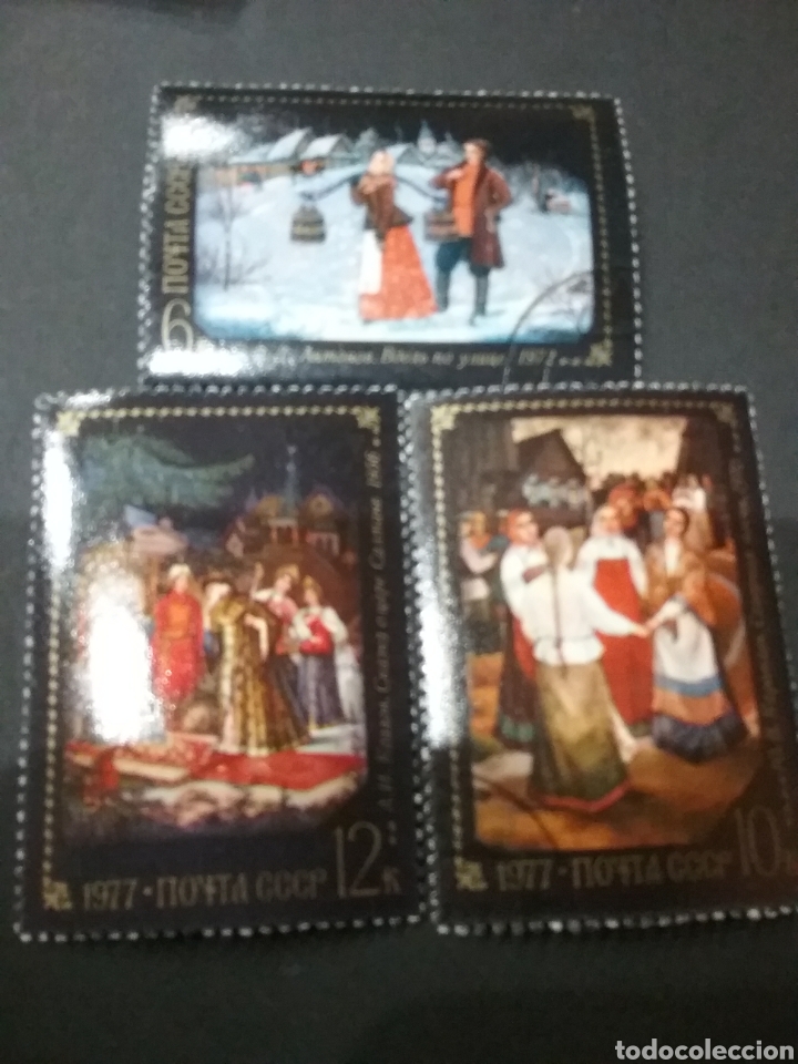 Stamps: Sellos de Rusia (Union Sovi&eacute;tica.URSS)mtdos.1977. Pinturas. Lago.Cuento Zar. Baile. Pueblo. Agua