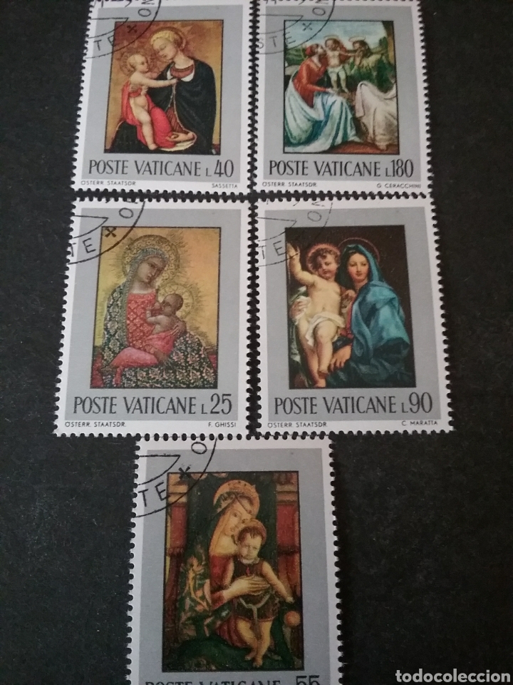 Stamps: Sellos Ciudad Vaticano matasellados. 1971. Cuadros. Pinturas. Marata. Ghissi. Familia. Virgen. Ni&ntilde;o