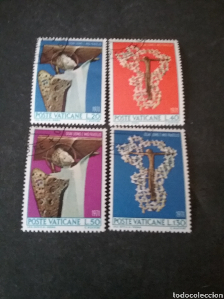 Stamps: Sellos Ciudad Vaticano matasellados. 1971. Palomas. Aves. Crucifijo. Angel. Arte. Antiracismo.