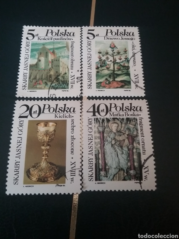 Timbres: Sellos de Polonia (Polska) matasellados. 1986. Monasterio. Pinturas. Copa. Caliz. Iglesia.Arquitectu