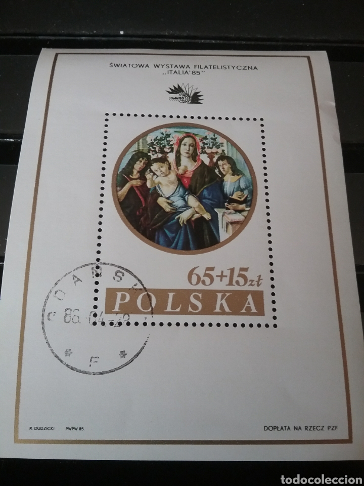Selos: HB R. Polonia (Polska) mtda/1985/Exp. filatelia interna/Italia/Roma/pintura/arte/virgen/religion/Bau